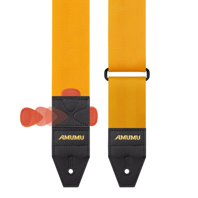 AMUMU Premium Gold Guitar Strap with Full Grain Leather, Quick-Fetch Pick Holder & Heavy-Duty Buckles